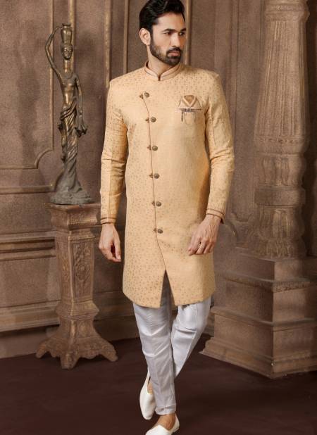 Golden Colour Heavy Jacquard Silk Digital Print Wedding Wear Indo Western Mens Collection 9252